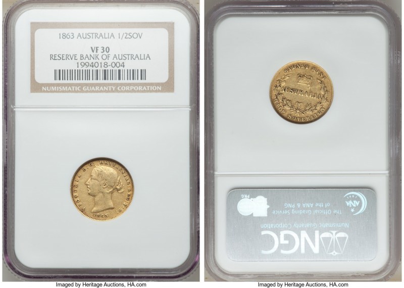 Victoria gold 1/2 Sovereign 1863-SYDNEY VF30 NGC, Sydney mint, KM3. AGW 0.1178 o...