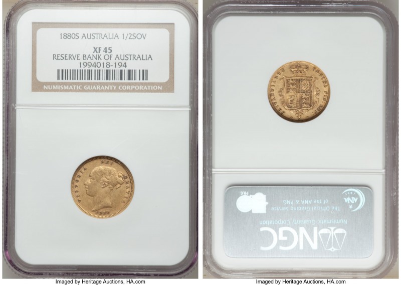 Victoria gold 1/2 Sovereign 1880-S XF45 NGC, Sydney mint, KM5. Mintage: 80,000. ...