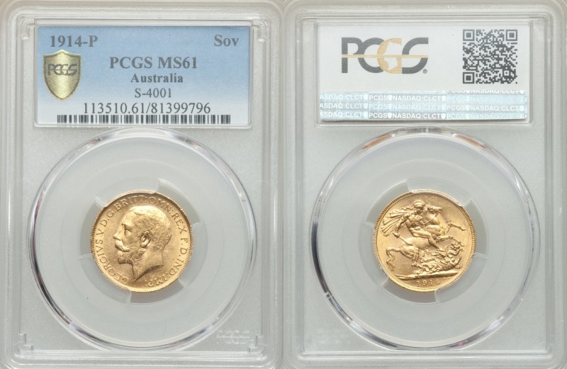 George V gold Sovereign 1914-P MS61 PCGS, Perth mint, KM29, S-4001. AGW 0.2355 o...