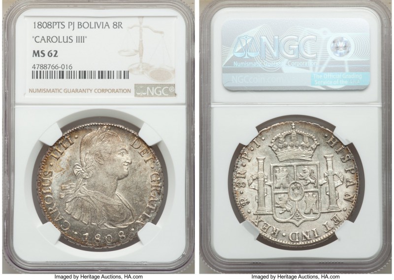 Charles IV 8 Reales 1808 PTS-PJ MS62 NGC, Potosi mint, KM73. "CAROLUS IIII". Lig...