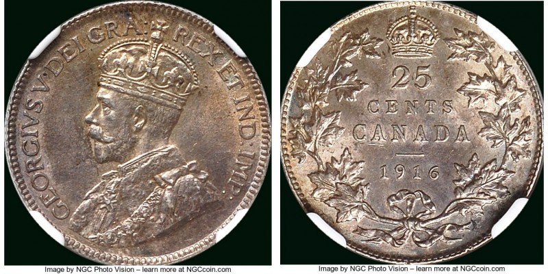 George V 25 Cents 1916 MS62 NGC, Ottawa mint, KM24. Graphite toning. 

HID098012...