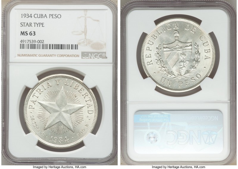 Republic "Star" Peso 1934 MS63 NGC, KM15.2. Last year to type, untoned, mint blo...