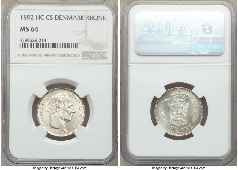 Christian IX Krone 1892 HC-CS MS64 NGC, Copenhagen mint, KM797.1. Last year and ...