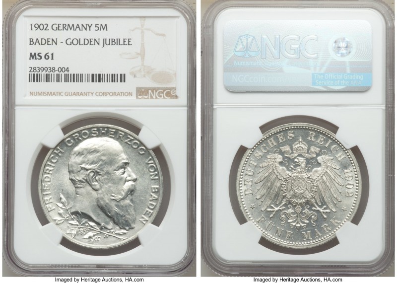 Baden. Friedrich I 5 Mark 1902 MS61 NGC, KM273. Commemorates his 50th year of re...