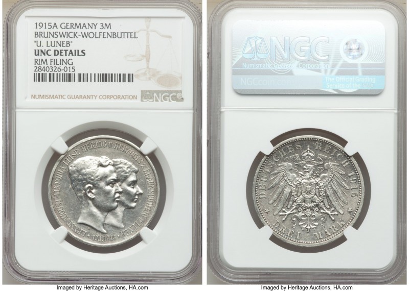 Brunswick-Wolfenbüttel. Ernst August 3 Mark 1915-A UNC Details (Rim Filing) NGC,...