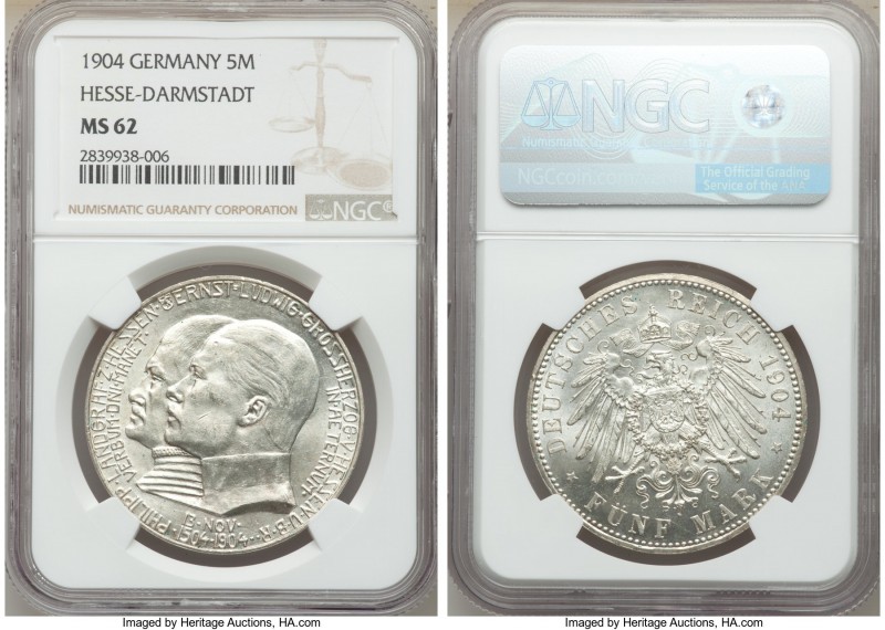 Hesse-Darmstadt. Ernst Ludwig 5 Mark 1904 MS62 NGC, KM373. Mintage: 40,000. One ...