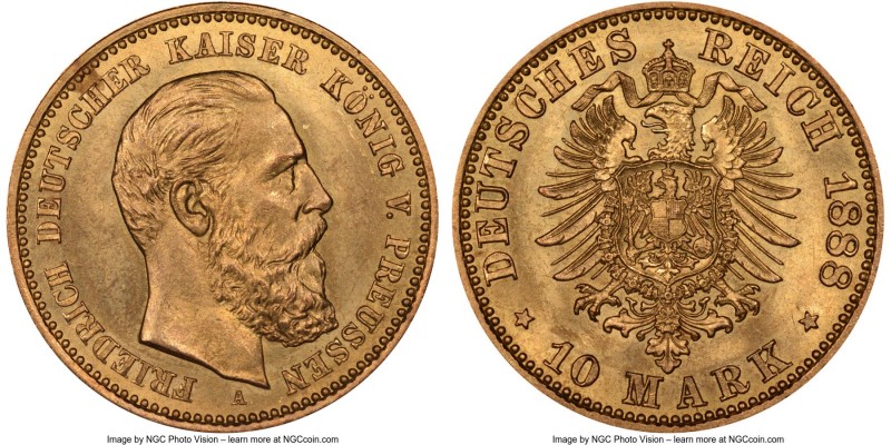 Prussia. Friedrich III gold 10 Mark 1888-A MS65 NGC, Berlin mint, KM514. One yea...