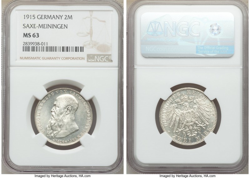Saxe-Meiningen. Georg II 2 Mark 1915 MS63 NGC, KM206. Mintage: 30,000. Issued fo...