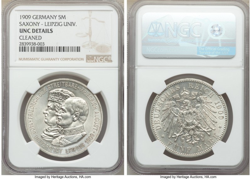 Saxony. Friedrich August III 5 Mark 1909 UNC Details (Cleaned) NGC, KM1269. One ...