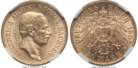 Saxony. Friedrich August III gold 20 Mark 1905-E MS62 NGC, Muldenhutten mint, KM1265. With pale yellow golden luster and light handling throughout the...