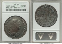 Charles II Crown 1662 VF35 ANACS, KM417.1 or KM417.2 (edge not visible). With rose below bust and stop after HIB. Mislabeled on the holder as old ESC-...