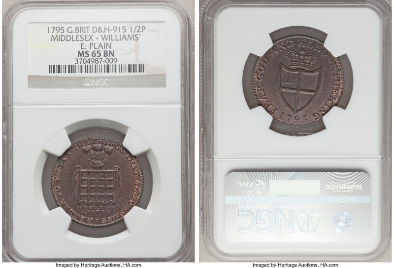 Middlesex. Williams copper 1/2 Penny Token 1795 MS65 Brown NGC, D&H-915. Edge: P...