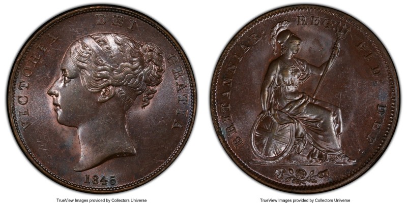 Victoria Penny 1845 MS63 Brown PCGS, KM739, S-3948. Glossy chestnut brown with p...