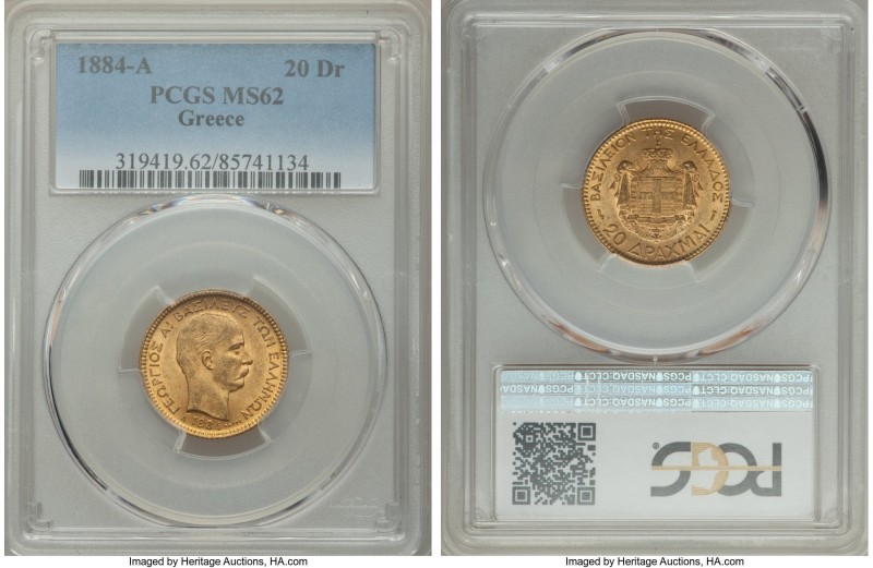 George I gold 20 Drachmai 1884-A MS62 PCGS, Paris mint, KM56. AGW 0.1867 oz. 

H...