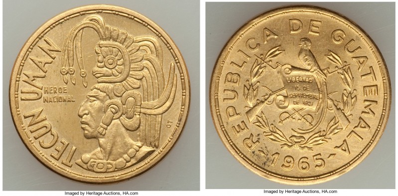 Republic gold "Tecun Uman" 1/4 Ounce Medal 1965 AU (Light Residue), 21mm. 7.99gm...