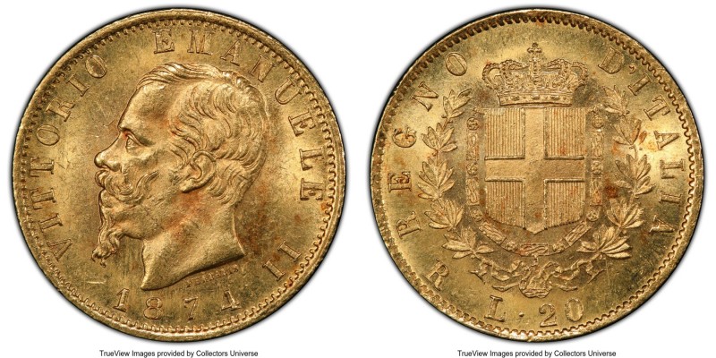 Vittorio Emanuele II gold 20 Lire 1874-R MS64 PCGS, Rome mint, KM10.2. AGW 0.186...