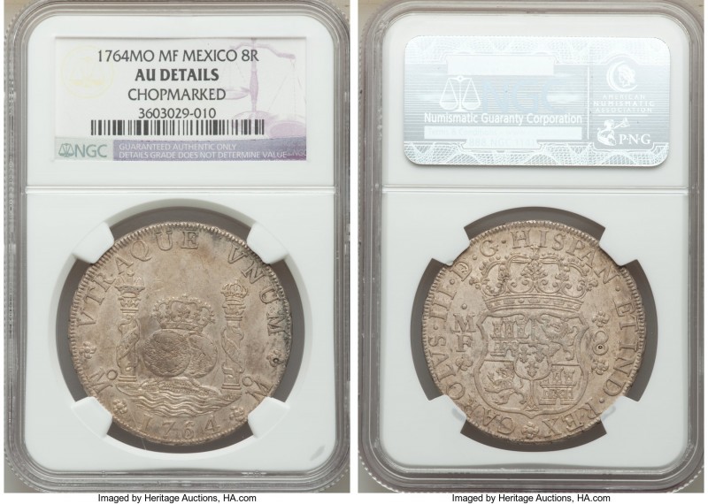 Charles III 8 Reales 1764 Mo-MF AU Details (Chopmarked) NGC, Mexico City mint, K...