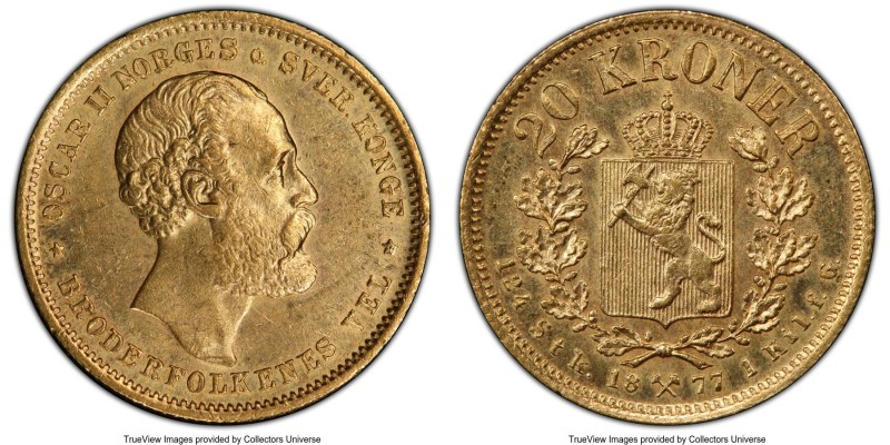 Oscar II gold 20 Kroner 1877 MS62 PCGS, Kongsberg mint, KM355. Mintage: 38,000. ...