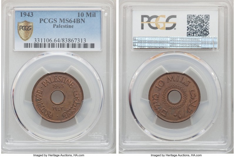 British Mandate 10 Mils 1943 MS64 Brown PCGS, KM4a. Two year type. 

HID09801242...