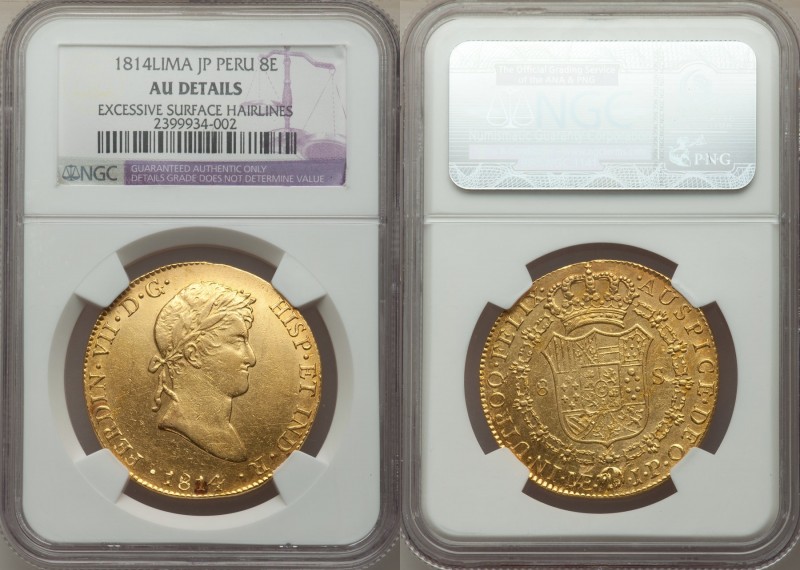 Ferdinand VII gold 8 Escudos 1814 LM-JP AU Details (Excessive Surface Hairlines)...