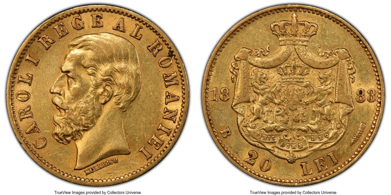 Carol I gold 20 Lei 1883-B AU58 PCGS, Bucharest mint, KM20. AGW 0.1867 oz. 

HID...