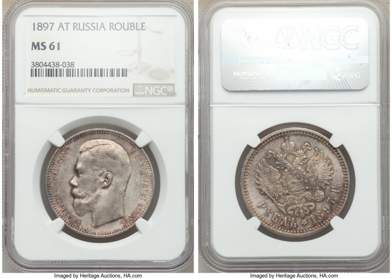 Nicholas II Rouble 1897-AΓ MS61 NGC, St. Petersburg mint, KM-Y59.3. Violet and o...