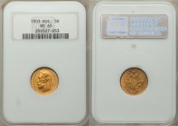 Nicholas II gold 5 Roubles 1903-AP MS65 NGC, St. Petersburg mint, KM-Y62.

HID09801242017

© 2020 Heritage Auctions | All Rights Reserved