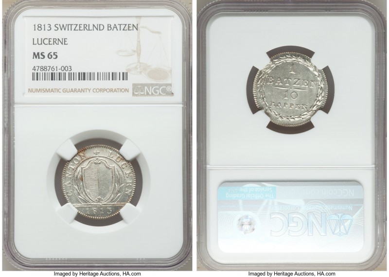 Lucerne. City Batzen (10 Rappen) 1813 MS65 NGC, KM107, HMZ-2-673j. One year type...