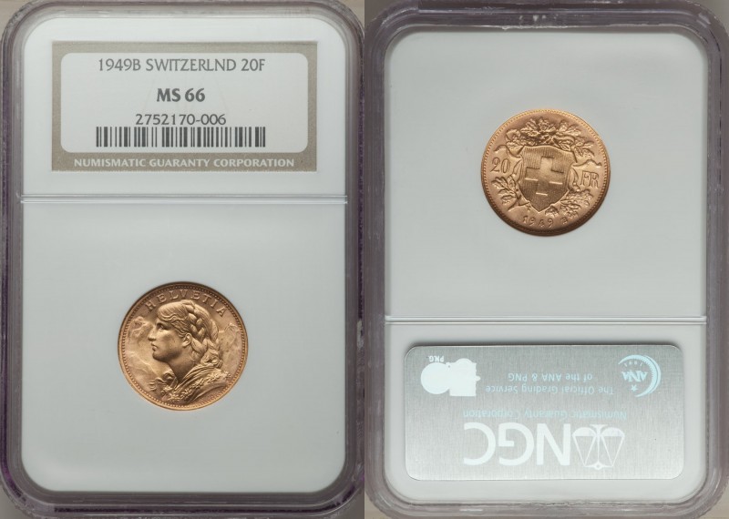 Confederation gold 20 Francs 1949-B MS66 NGC, Bern mint, KM35.2. AGW 0.1867 oz. ...