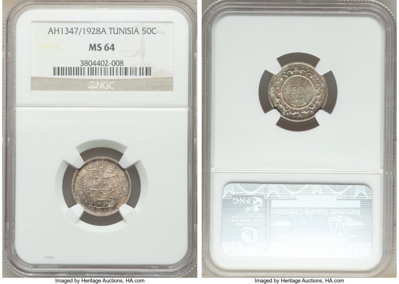 French Protectorate. Muhammad al-Habib Bey 50 Centimes AH 1347 (1928)-A MS64 NGC...