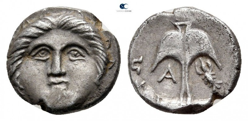 Thrace. Apollonia Pontica 475-400 BC. 
Diobol AR

11mm., 1,19g.



very f...
