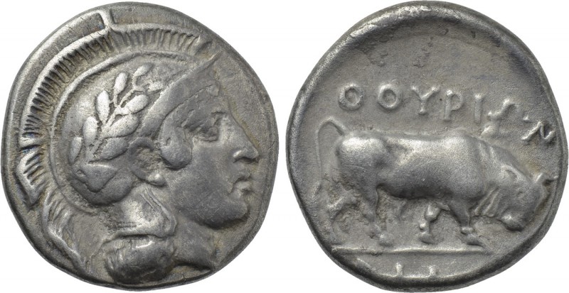 LUCANIA. Thourioi. Nomos (Circa 443-400 BC).

Obv: Helmeted head of Athena rig...
