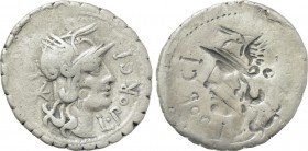 L. PORCIUS LICINUS. Serrate Denarius (118 BC). Rome. Obverse brockage.