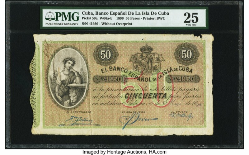Cuba Banco Espanol de la Isla de Cuba 50 Pesos 1896 Pick 50a PMG Very Fine 25. M...