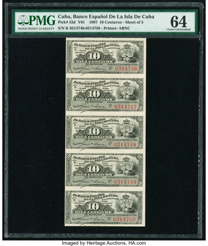 Cuba Banco Espanol de la Isla de Cuba 10 Centavos 1897 Pick 52d PMG Choice Uncir...