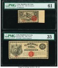 Cuba Republica de Cuba 50 Centavos; 5 Pesos 1869 Pick 54a; 56a PMG Uncirculated 61; Choice Very Fine 35. Two denomination examples. From the El Don Di...
