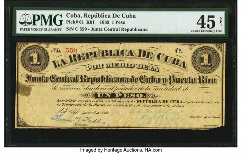 Cuba Republica de Cuba 1 Peso 1869 Pick 61 PMG Choice Extremely Fine 45 Net. Tap...