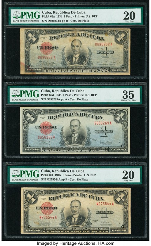 Cuba Republica de Cuba 1 Peso 1934; 1938; 1945 Pick 69a; 69d; 69f PMG Very Fine ...
