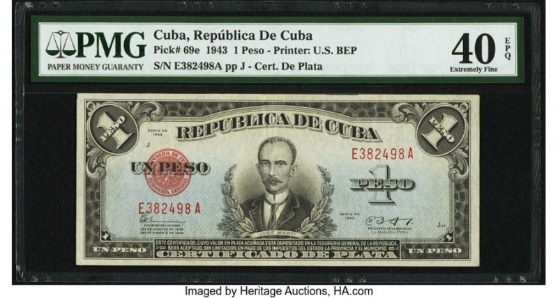 Cuba Republica de Cuba 1 Peso 1943 Pick 69e PMG Extremely Fine 40 EPQ. From the ...