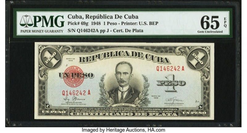 Cuba Republica de Cuba 1 Peso 1948 Pick 69g PMG Gem Uncirculated 65 EPQ. From th...