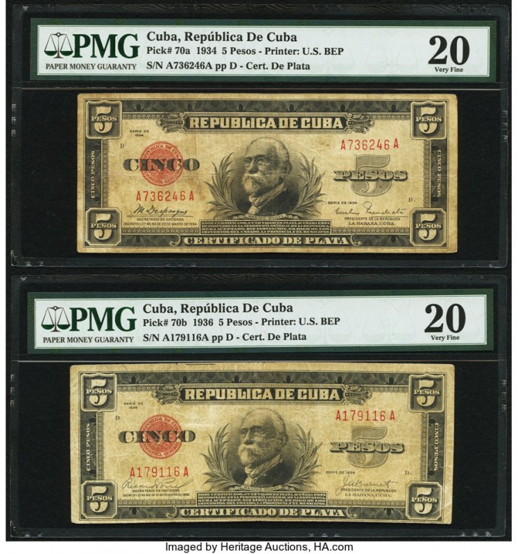 Cuba Republica de Cuba 5 Pesos 1934; 1936 Pick 70a; 70b PMG Very Fine 20 (2). Tw...