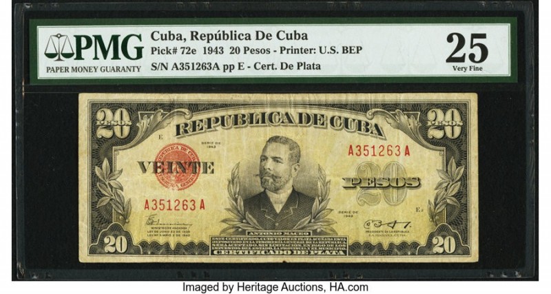 Cuba Republica de Cuba 20 Pesos 1943 Pick 72e PMG Very Fine 25. Minor paper pull...