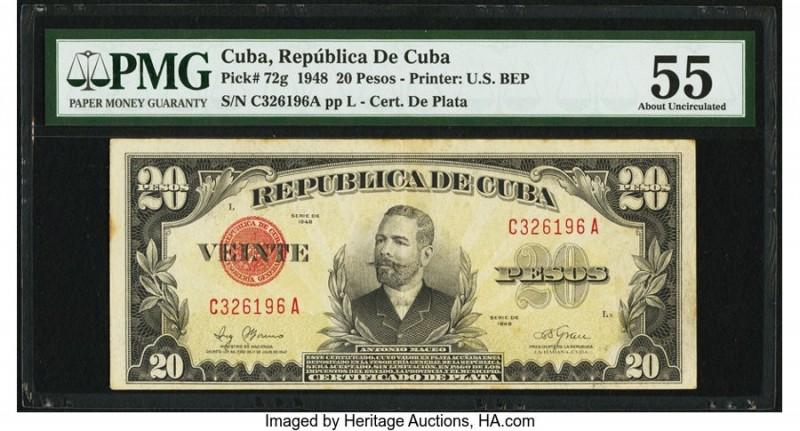 Cuba Republica de Cuba 20 Pesos 1948 Pick 72g PMG About Uncirculated 55. From th...