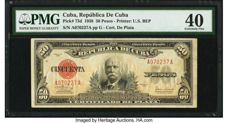 Cuba Republica de Cuba 50 Pesos 1938 Pick 73d PMG Extremely Fine 40. From the El...