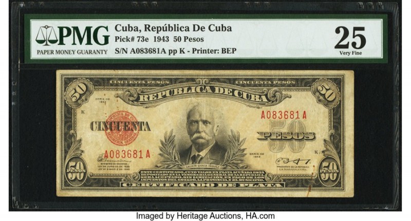 Cuba Republica de Cuba 50 Pesos 1943 Pick 73e PMG Very Fine 25. Rust is noted. F...