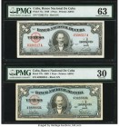 Cuba Banco Nacional de Cuba 1 Peso 1949; 1960 Pick 77a; 77b PMG Choice Uncirculated 63; Very Fine 30. Two Date Variety Examples. Ink is noted on the 1...