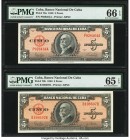 Cuba Banco Nacional de Cuba 5 Pesos 1949; 1950 Pick 78a; 78b PMG Gem Uncirculated 66 EPQ; Gem Uncirculated 65 EPQ. Two Date Variety Examples. From the...