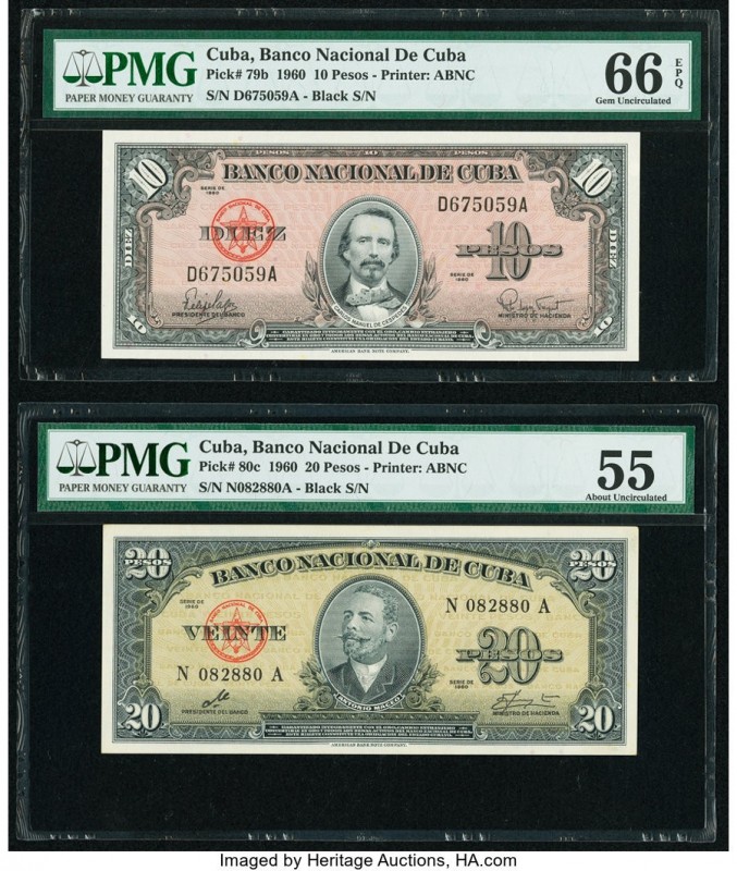 Cuba Banco Nacional de Cuba 10; 20 Pesos 1960 Pick 79b; 80c PMG Gem Uncirculated...