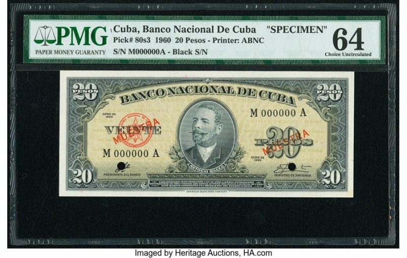 Cuba Banco Nacional de Cuba 20 Pesos 1960 Pick 80s3 Specimen PMG Choice Uncircul...