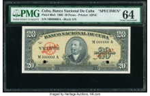 Cuba Banco Nacional de Cuba 20 Pesos 1960 Pick 80s3 Specimen PMG Choice Uncirculated 64. Two POCs are present. From the El Don Diego Luna Collection

...